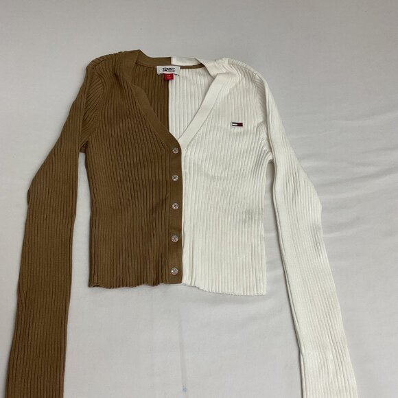 Tommy Hilfiger Womens Two-Tone Ribbed Knit Button-Up Cardigan Tan/White size S - Picture 5 of 9